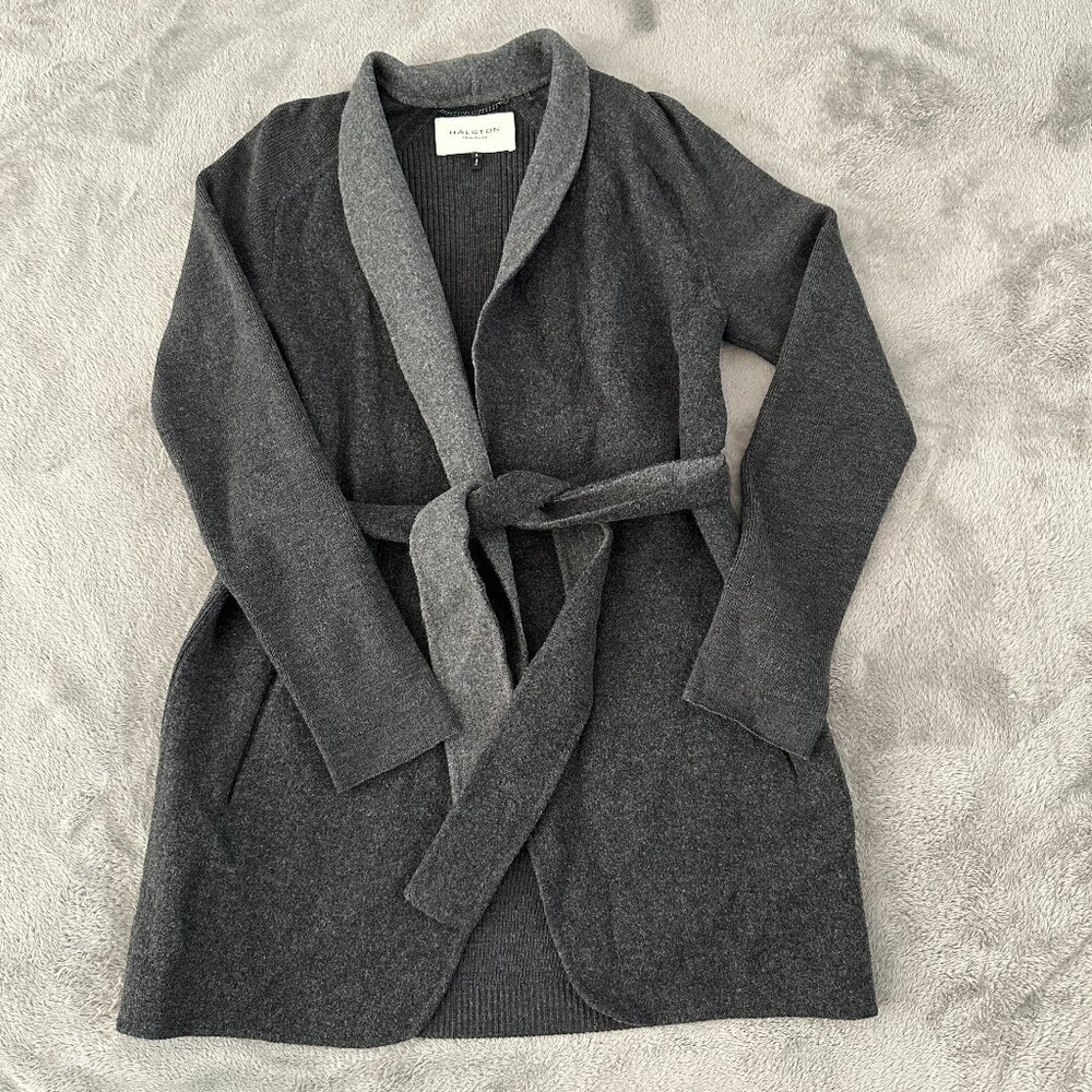 Halston Heritage 100% Wool Sweater Belted Cardigan Women's SMALL Gray